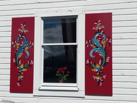  rosemaled shutters on Sons of Norway Hall Petersburg AK