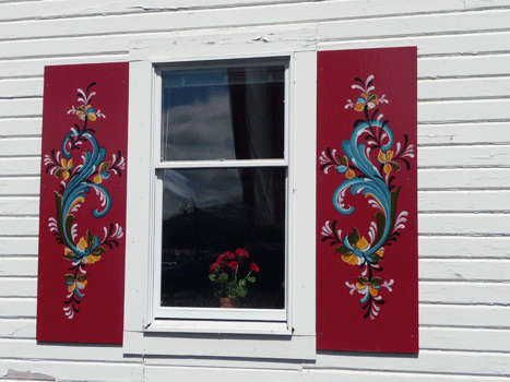rosemaled shutters on Sons of Norway Hall Petersburg AK