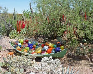 Boat full of Chihuly colored balls Phoenix Botanical Garden
