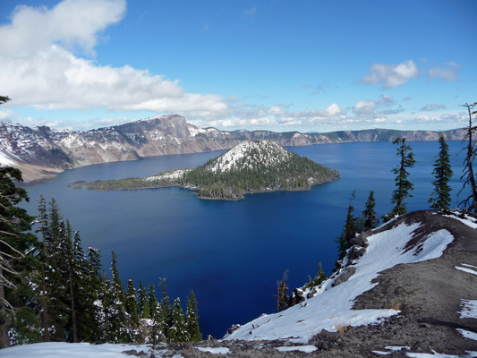 Crater Lake and Wizard Island in snow