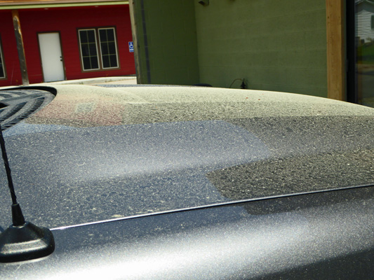 Pollen coated truck hood