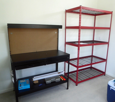 Storage shelves and work bench
