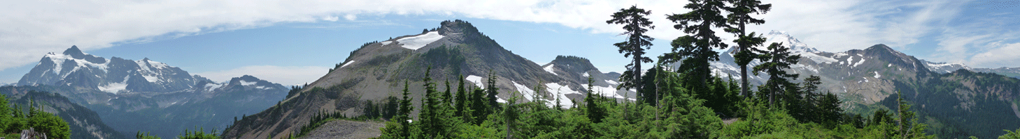 Panorama shot from hill at fork in Ptarmigan and Chain Lakes Trail Mt. Baker WA