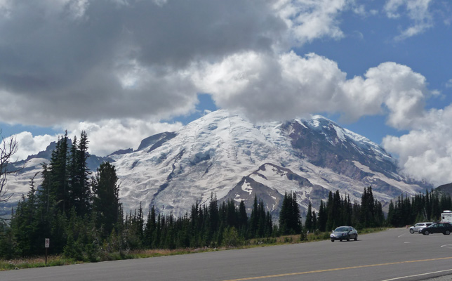 Sunrise parking lot view Mt Rainier