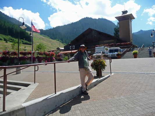 Walter Cooke with flower baskets at Crystal Mountain