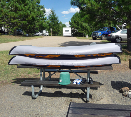 Kayaks on picnic table Sugarloaf Campground ID